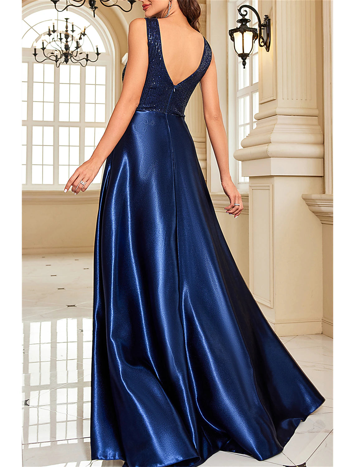 Wholesa A-Line Mother of the Bride Dress Wedding Guest Elegant Party Sparkle & Shine V Neck Floor Length Satin Sequined Sleeveless with Sequin Color Block