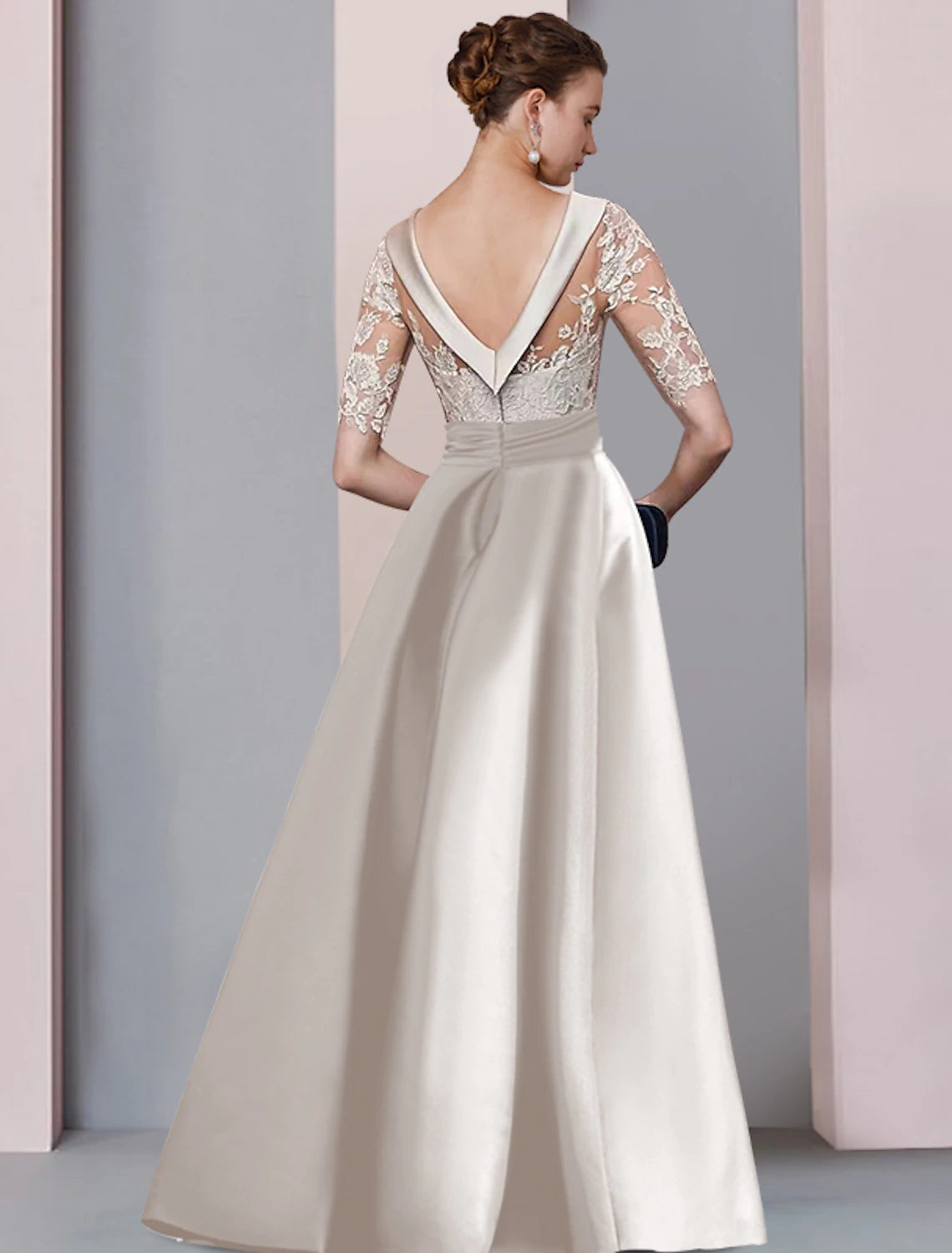 wholesale   A-Line Mother of the Bride Dress Wedding Guest Elegant Scoop Neck Floor Length Satin Lace Half Sleeve with Bow(s) Appliques Split Front