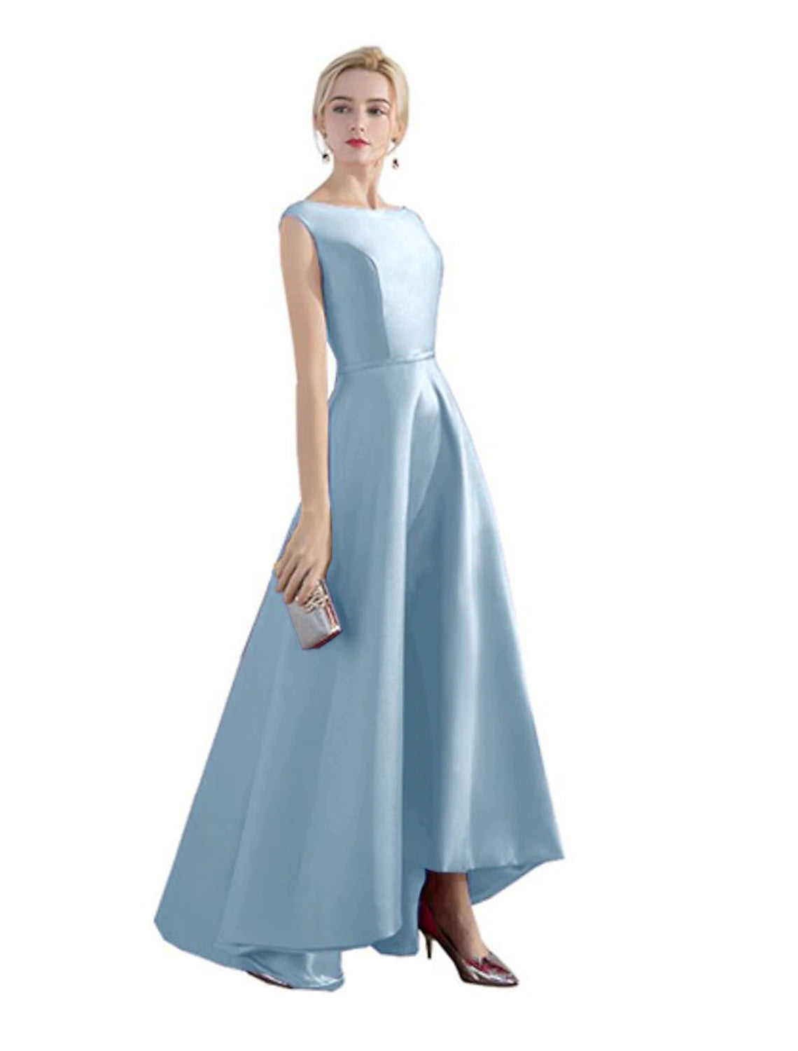 wholesa A-Line Evening Gown Minimalist Dress Party Wear Formal Evening Asymmetrical Sleeveless Jewel Neck Satin with Sleek