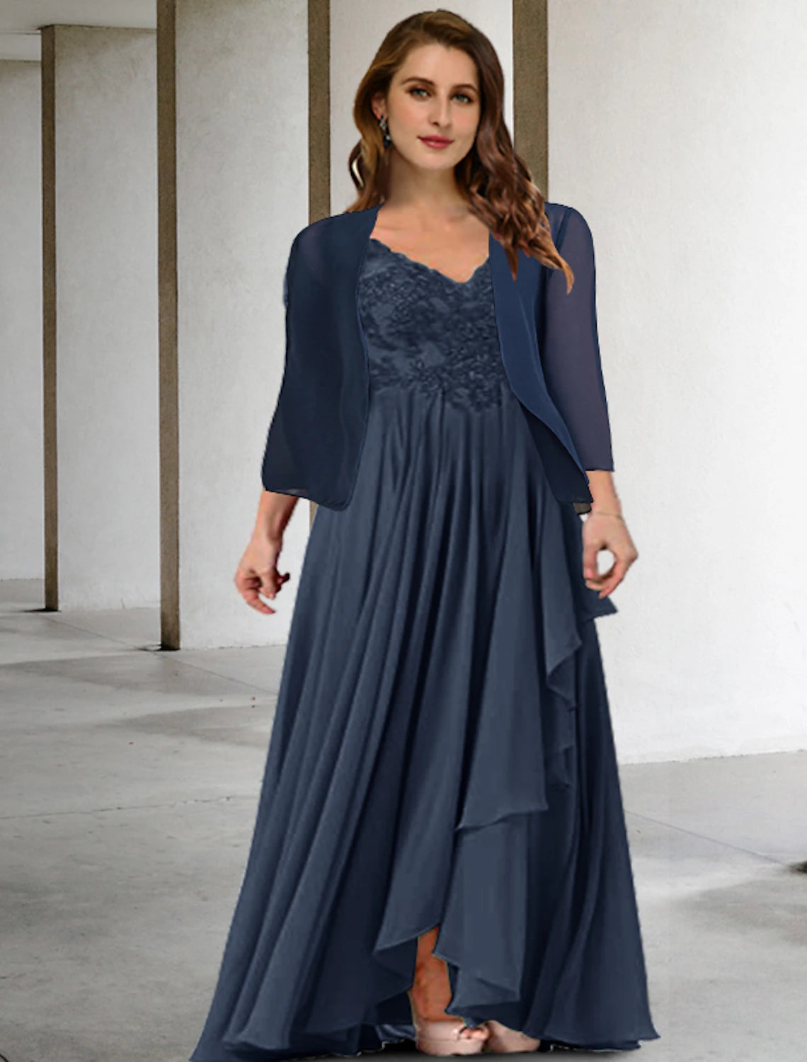 wholesale  Two Piece A-Line Mother of the Bride Dresses Plus Size Hide Belly Curve Elegant Dress Formal Floor Length Half Sleeve V Neck Chiffon with Pleats Appliques