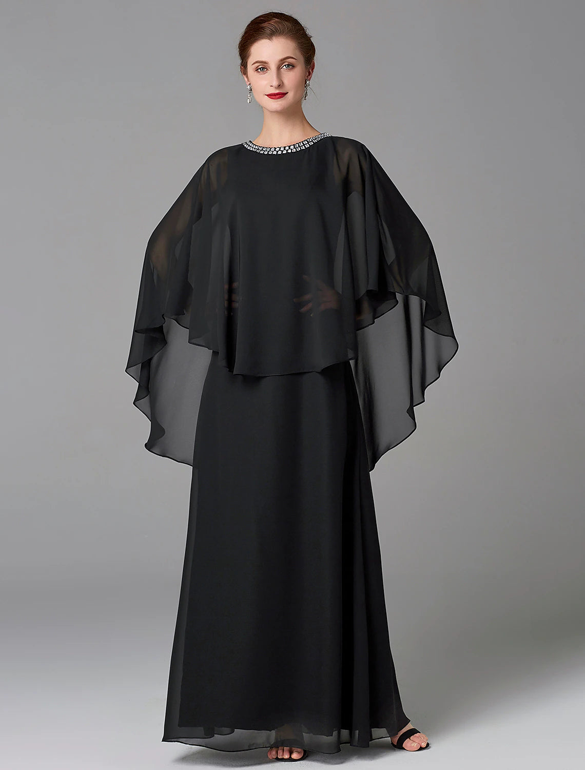 wholesale   A-Line Mother of the Bride Dress Wedding Guest Plus Size Elegant Jewel Neck Floor Length Chiffon Sleeveless with Beading Fall