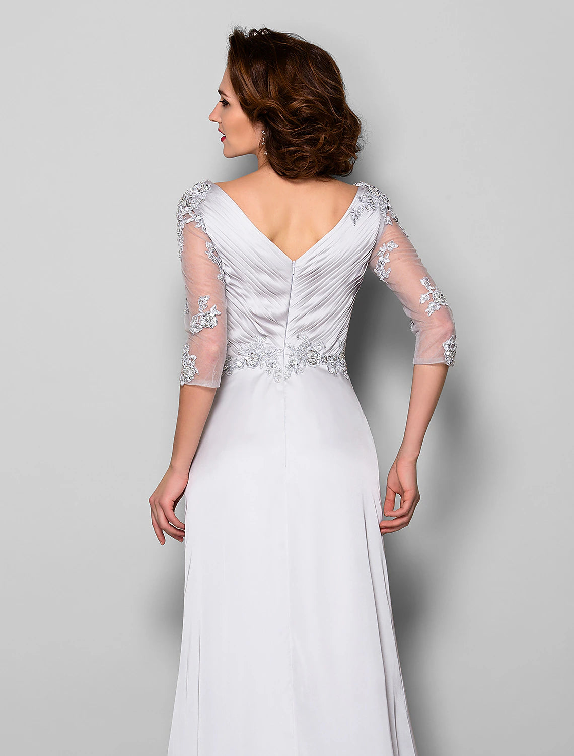 wholesale  A-Line Mother of the Bride Dress V Neck Sweep / Brush Train Satin Chiffon 3/4 Length Sleeve with Criss Cross Beading Applique