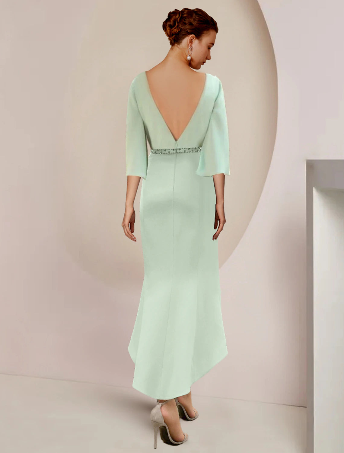 wholesale   Mermaid / Trumpet Mother of the Bride Dress Wedding Guest Party Elegant Scoop Neck Tea Length Stretch Chiffon 3/4 Length Sleeve with Beading