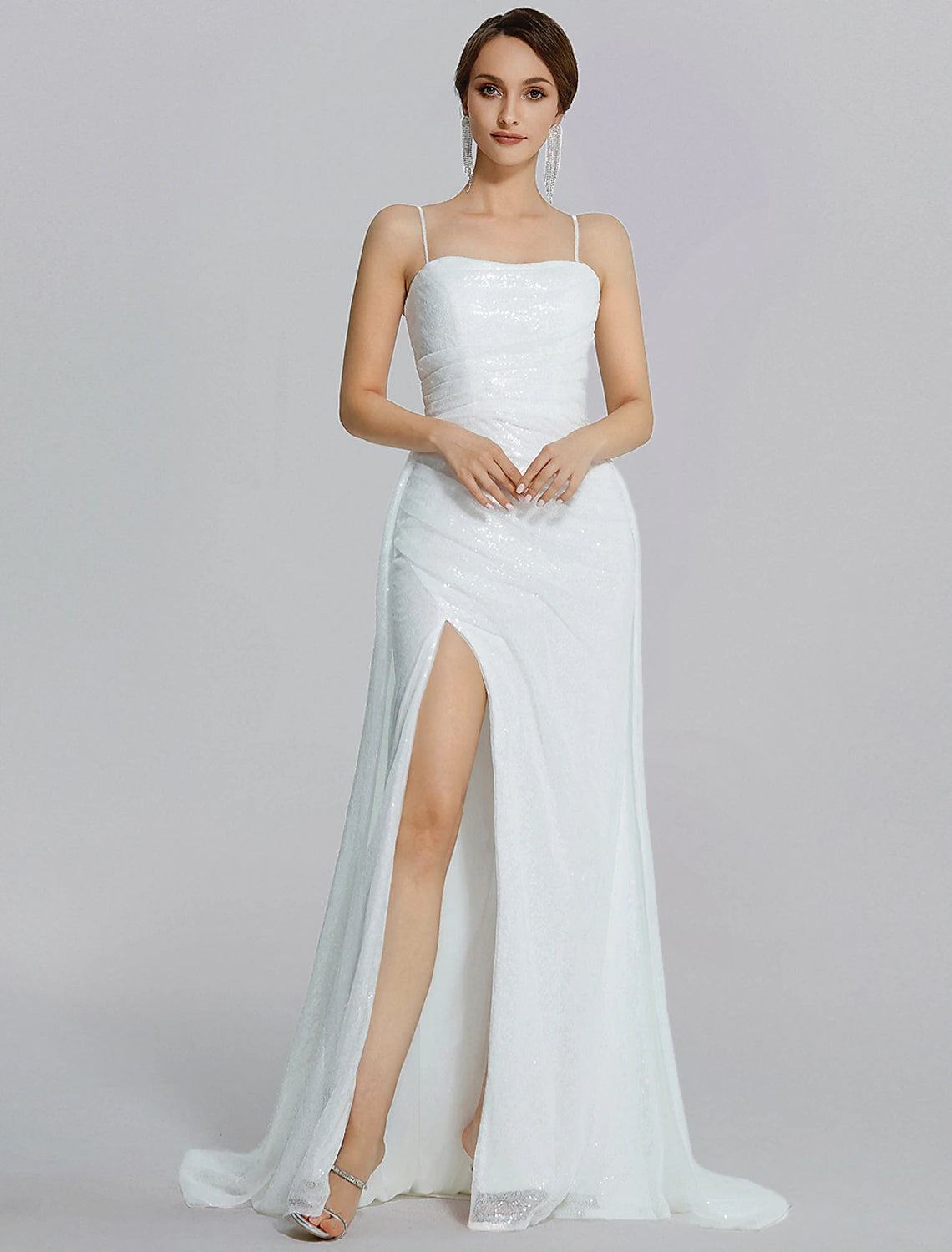 Wholesa  Mermaid / Trumpet Prom Dresses Sparkle Dress Wedding Floor Length Sleeveless Cowl Neck Sequined with Ruched Slit