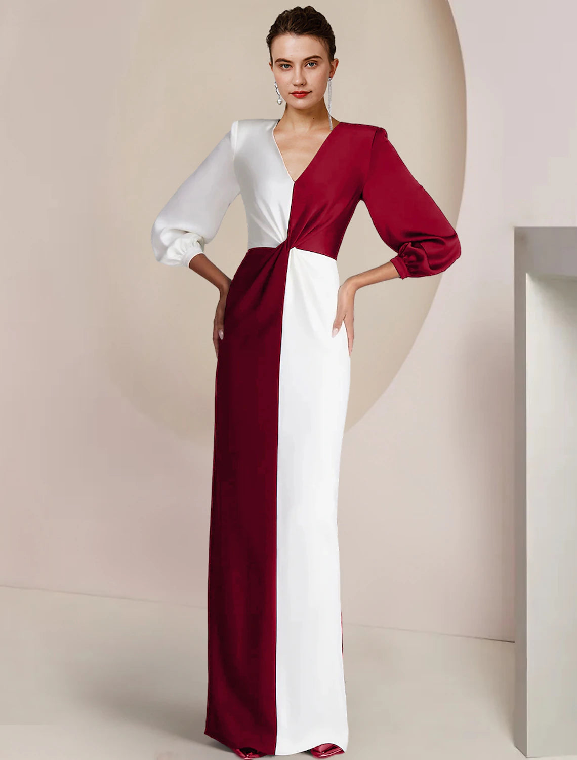wholesale  Sheath / Column Mother of the Bride Dress Formal Wedding Guest Party Elegant V Neck Floor Length Stretch Satin 3/4 Length Sleeve with Color Block