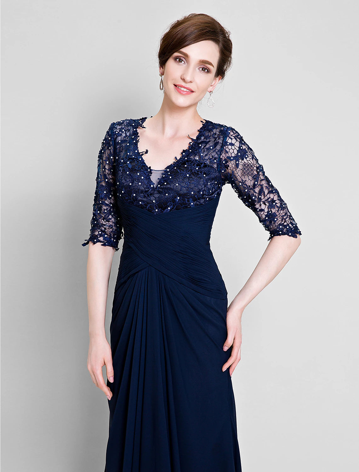 wholesale  A-Line Mother of the Bride Dress See Through V Neck Floor Length Chiffon Lace Half Sleeve No with Lace Beading