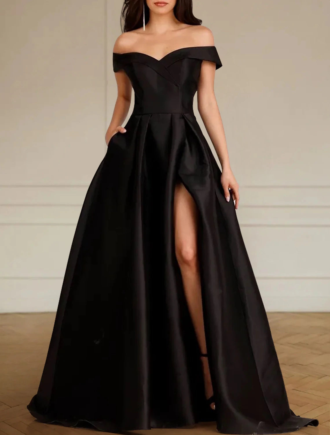 Wholesa Engagement Formal Black Wedding Dresses A-Line Off Shoulder Sleeveless Sweep / Brush Train Satin Bridal Gowns With Pleats Split Front