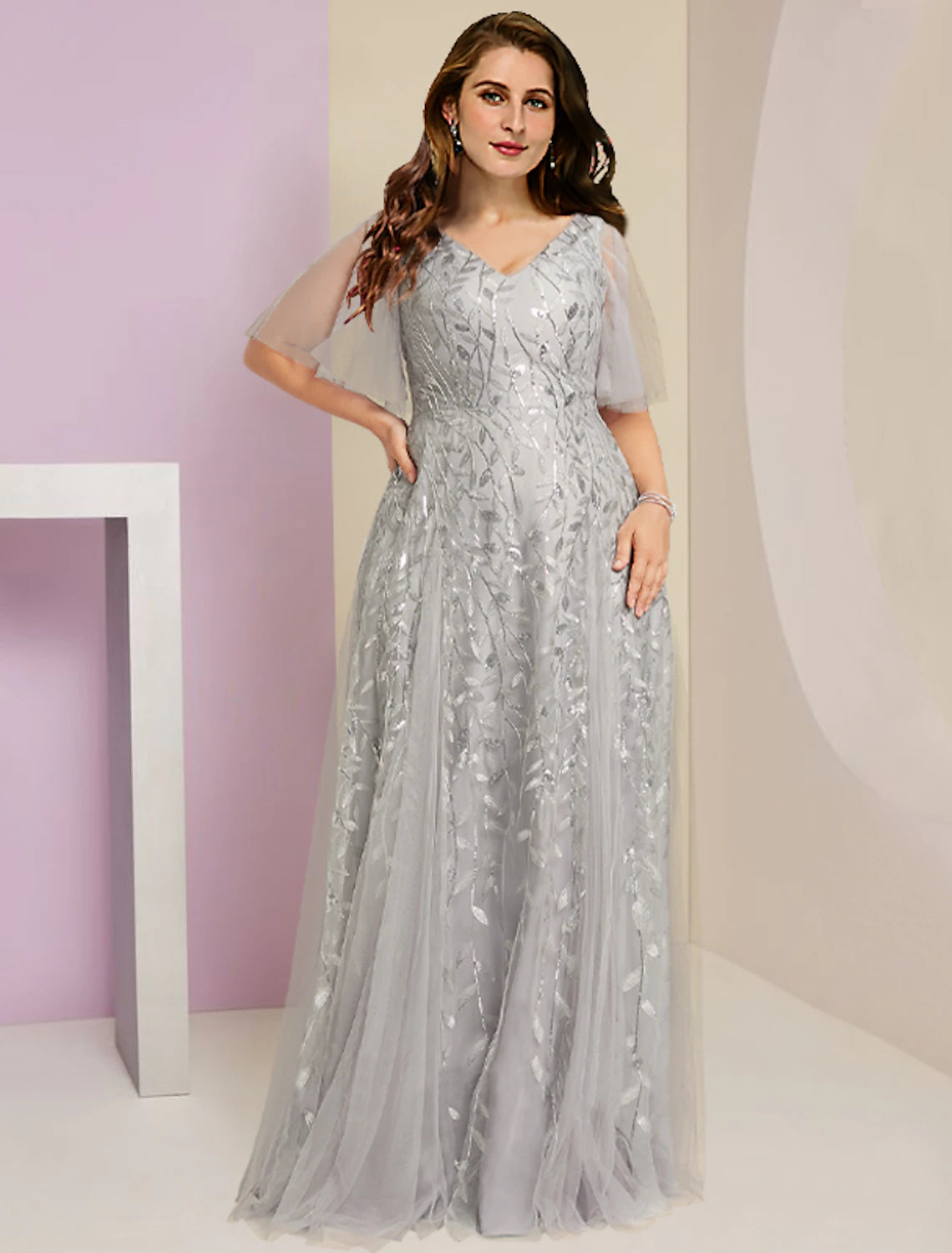 wholesale   Mother of the Bride Dresses Plus Size Curve Hide Belly Party Sparkle & Shine V Neck Floor Length Lace Tulle Short Sleeve with Pleats Sequin