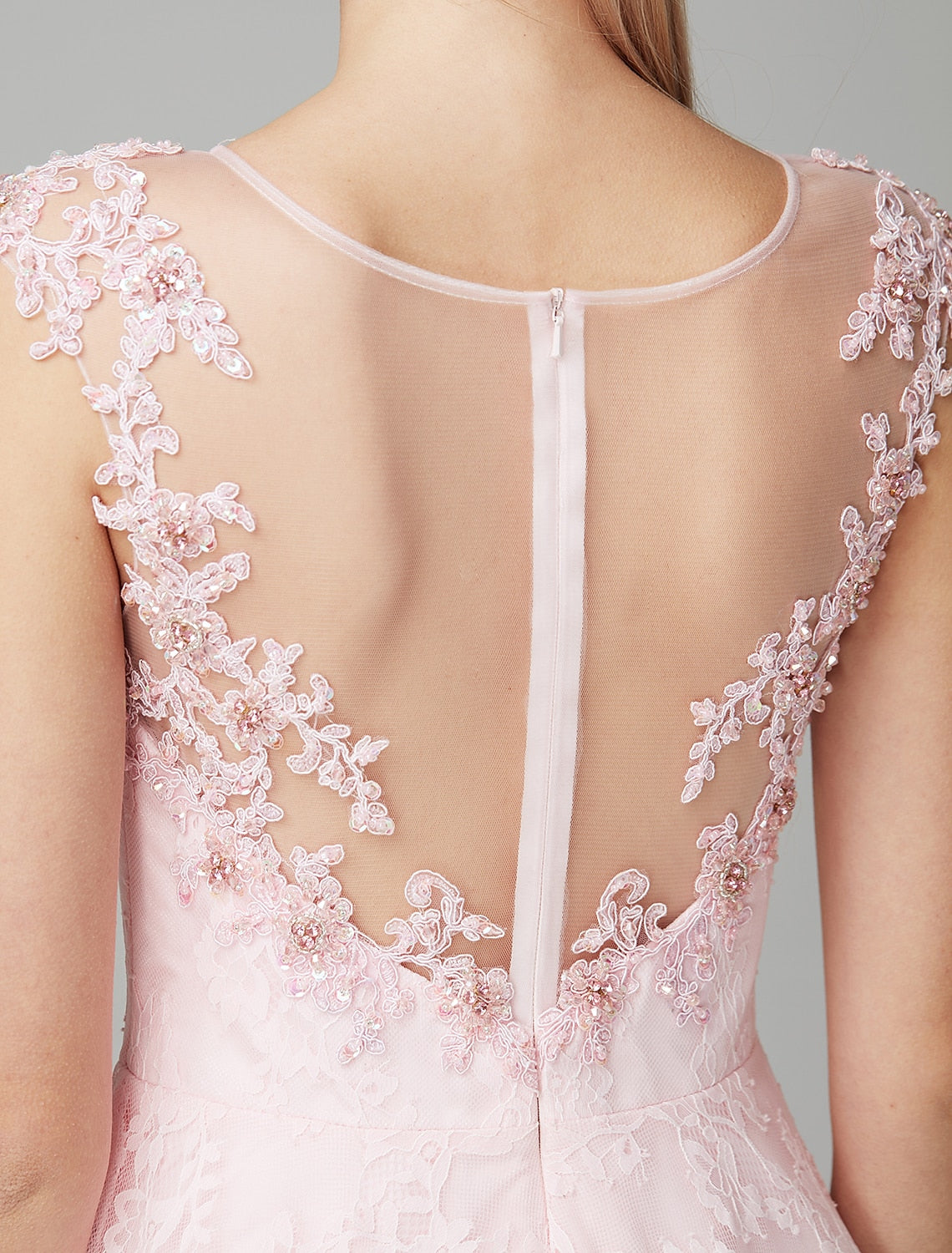 wholesa A-Line Prom Dresses Floral Dress Evening Party Wedding Guest Ankle Length Short Sleeve Illusion Neck Lace Zipper with Appliques