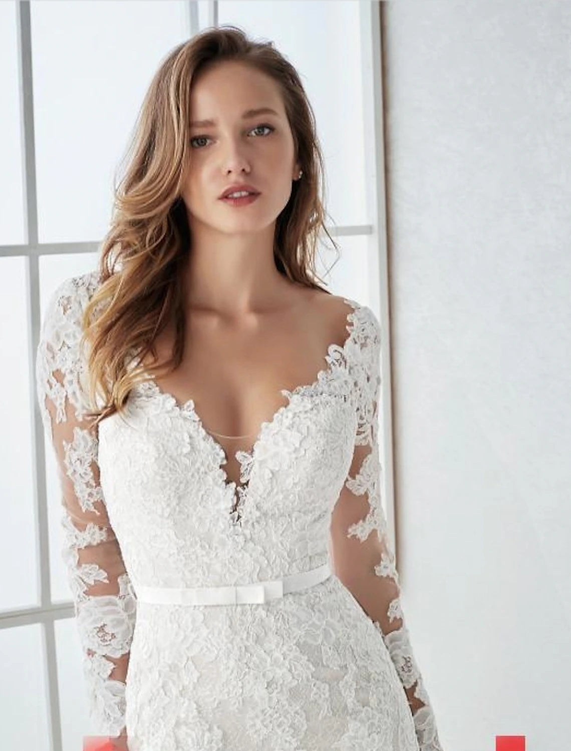 wholesale  Engagement Formal Fall Wedding Dresses Mermaid / Trumpet V Neck Long Sleeve Sweep / Brush Train Lace Open Back Bridal Gowns With Summer Wedding Party