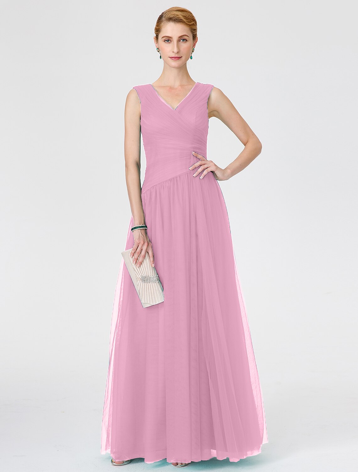 wholesale  Princess Mother of the Bride Dress Elegant V Neck Floor Length Tulle Sleeveless No with Criss Cross Ruched