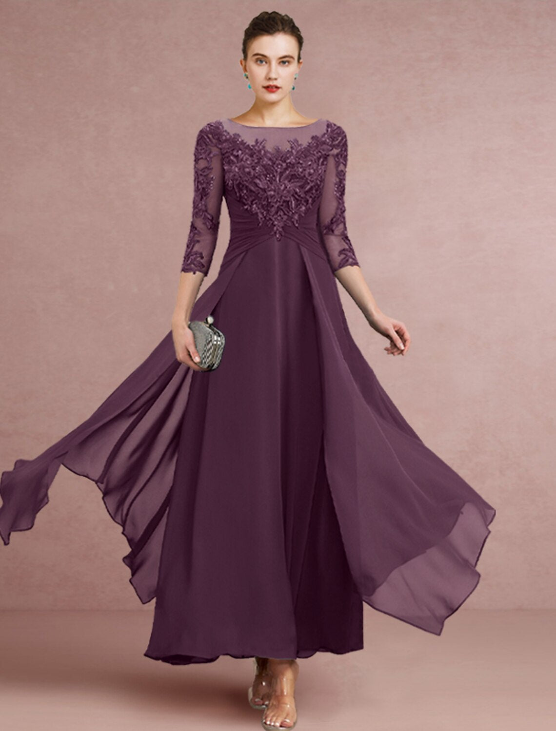 wholesale  Sheath / Column Mother of the Bride Dress Wedding Guest Simple Elegant Jewel Neck Ankle Length Chiffon Lace 3/4 Length Sleeve with Pleats Sequin