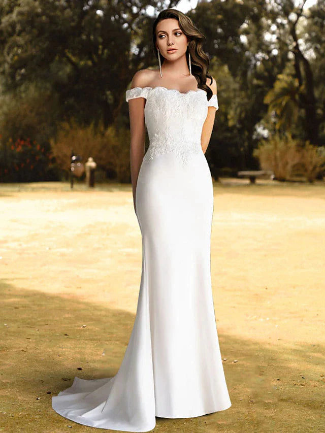 Wholesa Beach Wedding Dresses Sweep / Brush Train Mermaid / Trumpet Sleeveless Off Shoulder Lace With Appliques