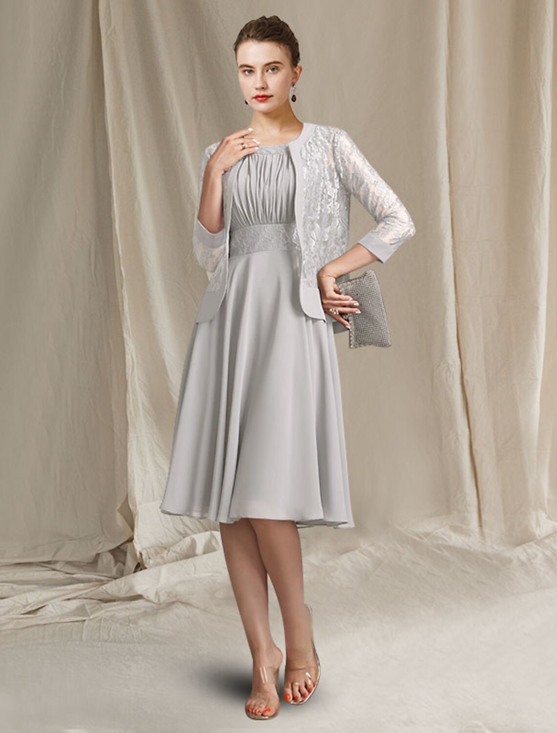 wholesale  Two Piece A-Line Mother of the Bride Dress Church Elegant Jewel Neck Knee Length Chiffon Lace Sleeveless Wrap Included with Pleats Appliques