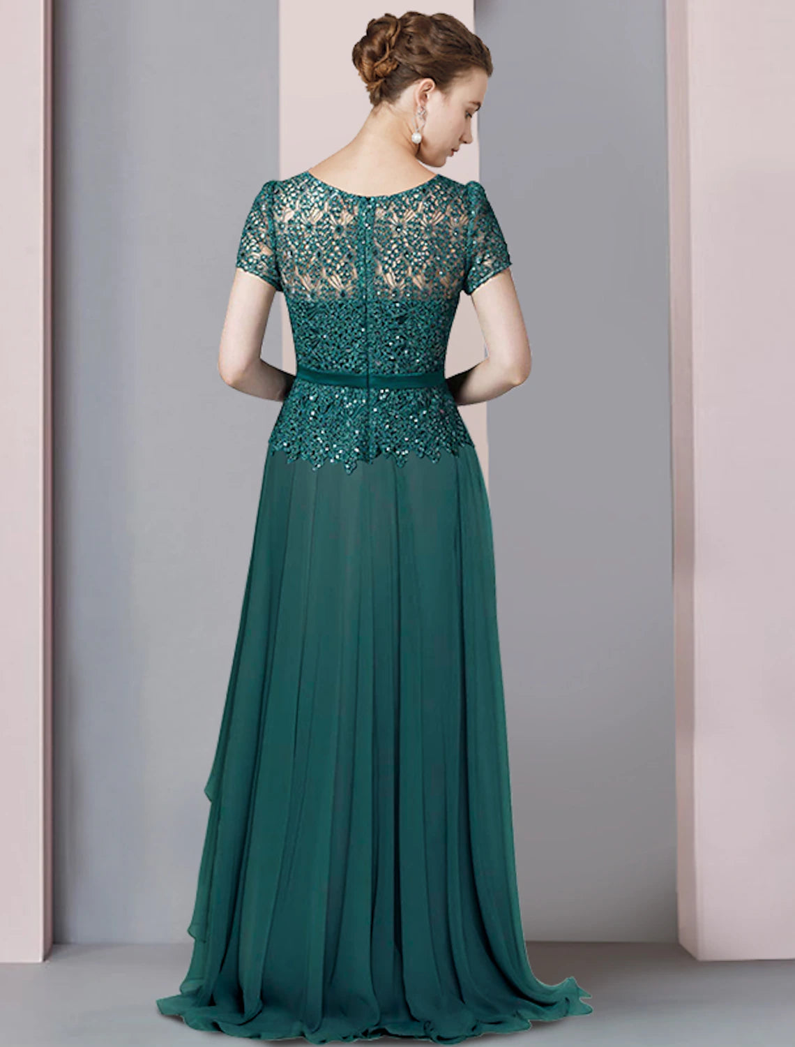 wholesale  A-Line Mother of the Bride Dress Formal Party Sparkle & Shine Elegant V Neck Floor Length Chiffon Sequined Short Sleeve with Pleats Sequin