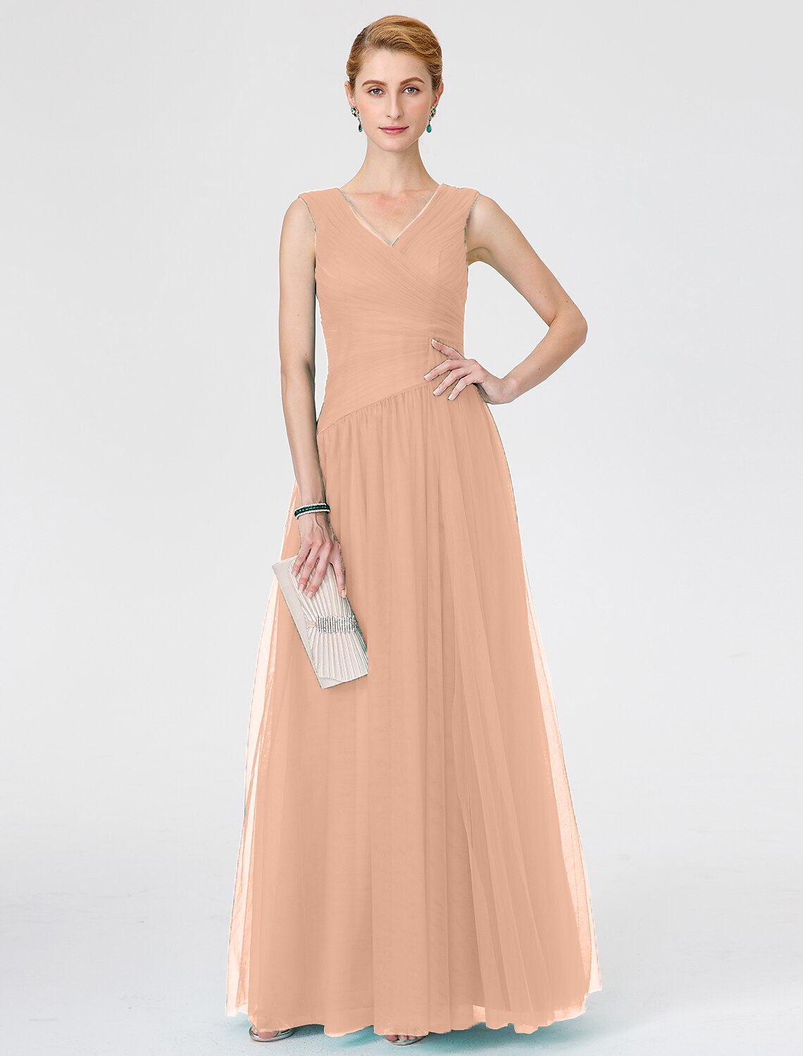 wholesale  Princess Mother of the Bride Dress Elegant V Neck Floor Length Tulle Sleeveless No with Criss Cross Ruched