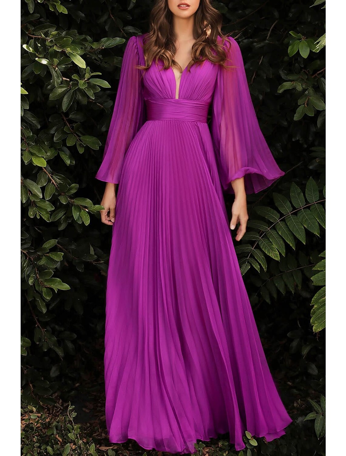 Wholesa Sheath / Column Wedding Guest Dresses Elegant Dress Wedding Guest Floor Length Long Sleeve V Neck Chiffon with Pleats Ruched
