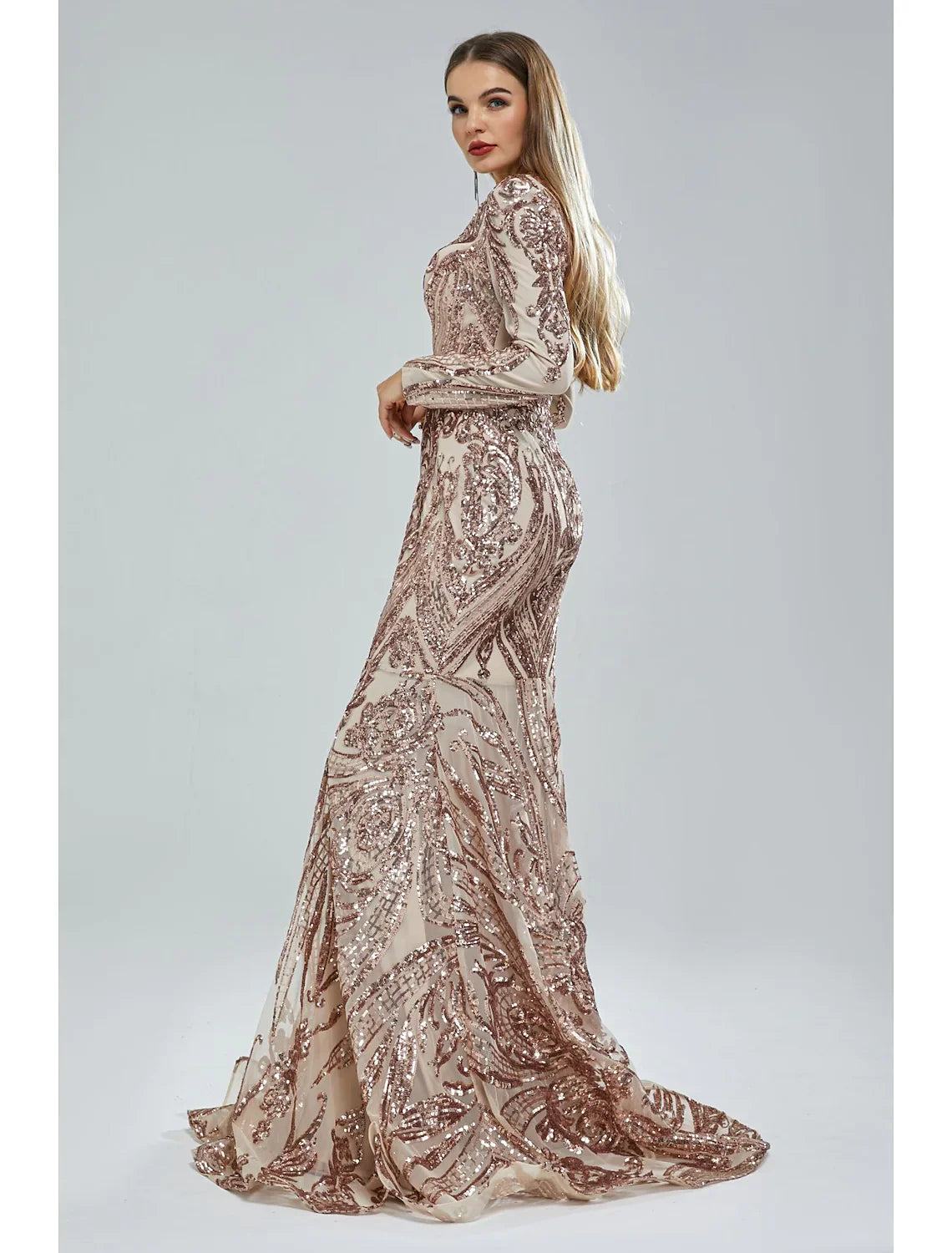 Wholesa Mermaid / Trumpet Evening Gown Elegant Dress Engagement Court Train Long Sleeve V Neck Lace with Sequin