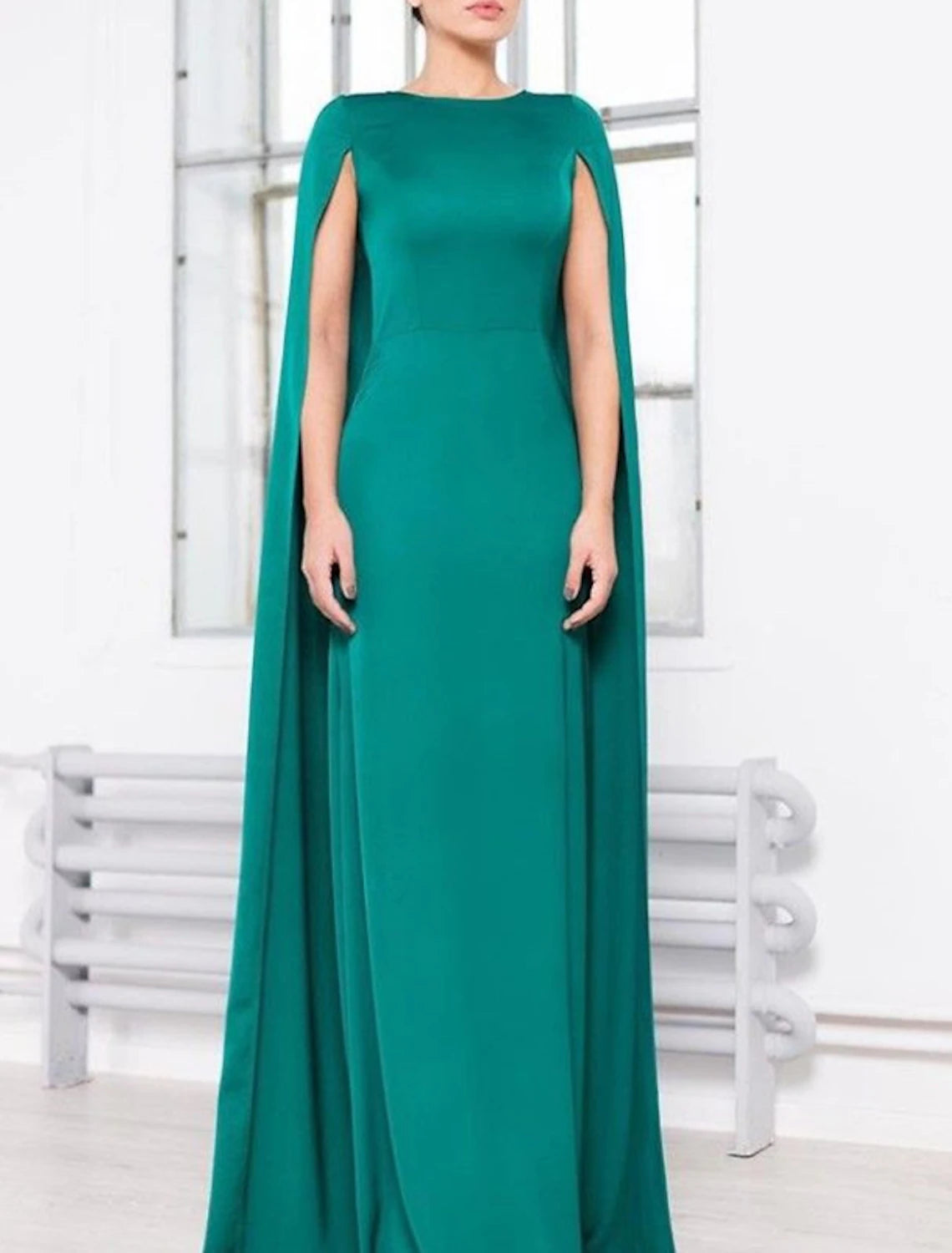 Wholesa A-Line Evening Gown Elegant Dress Wedding Guest Party Wear Floor Length Sleeveless Jewel Neck Capes Stretch Chiffon with Shawl