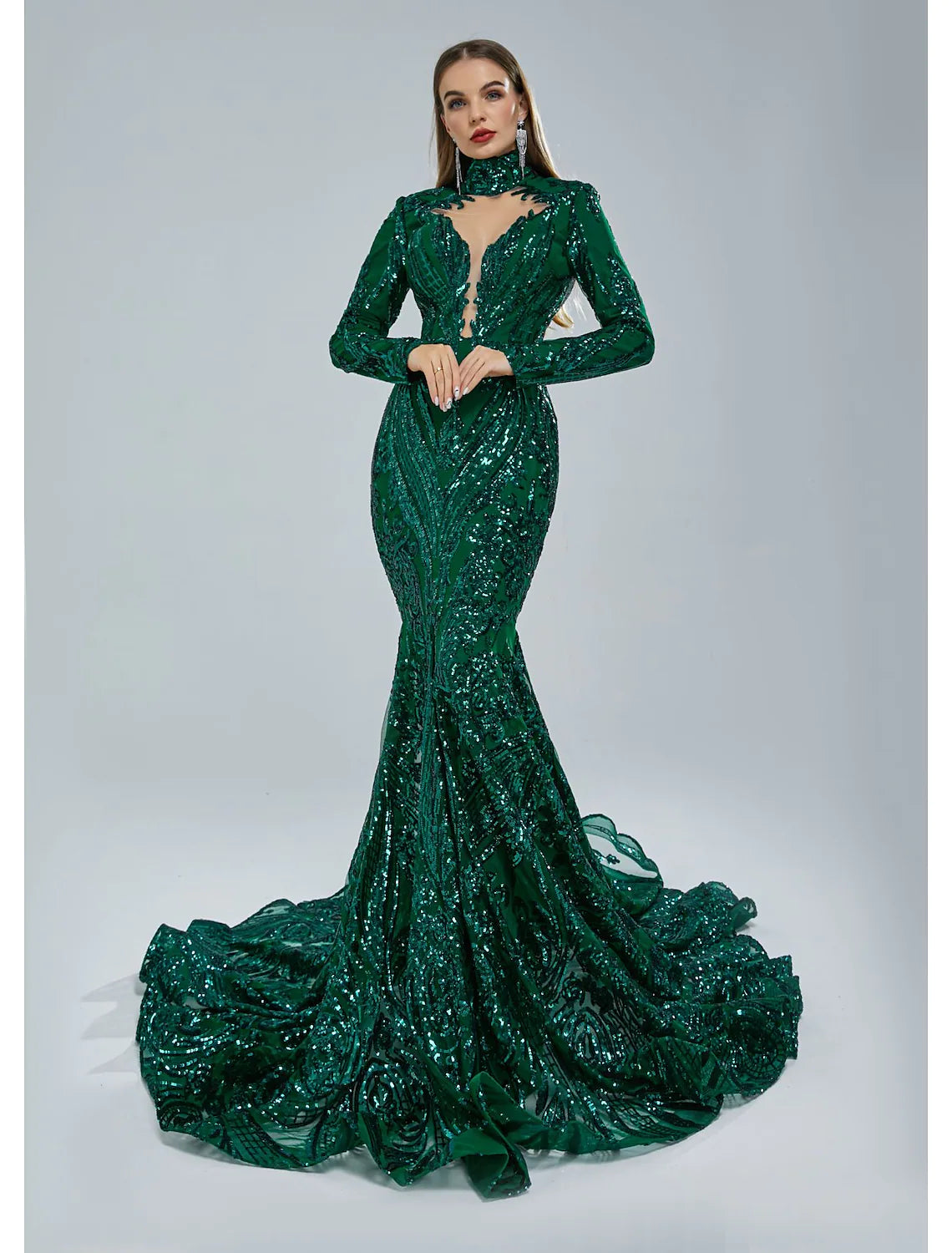 Wholesa Mermaid / Trumpet Evening Gown Elegant Dress Engagement Court Train Long Sleeve Stand Collar Lace with Sequin
