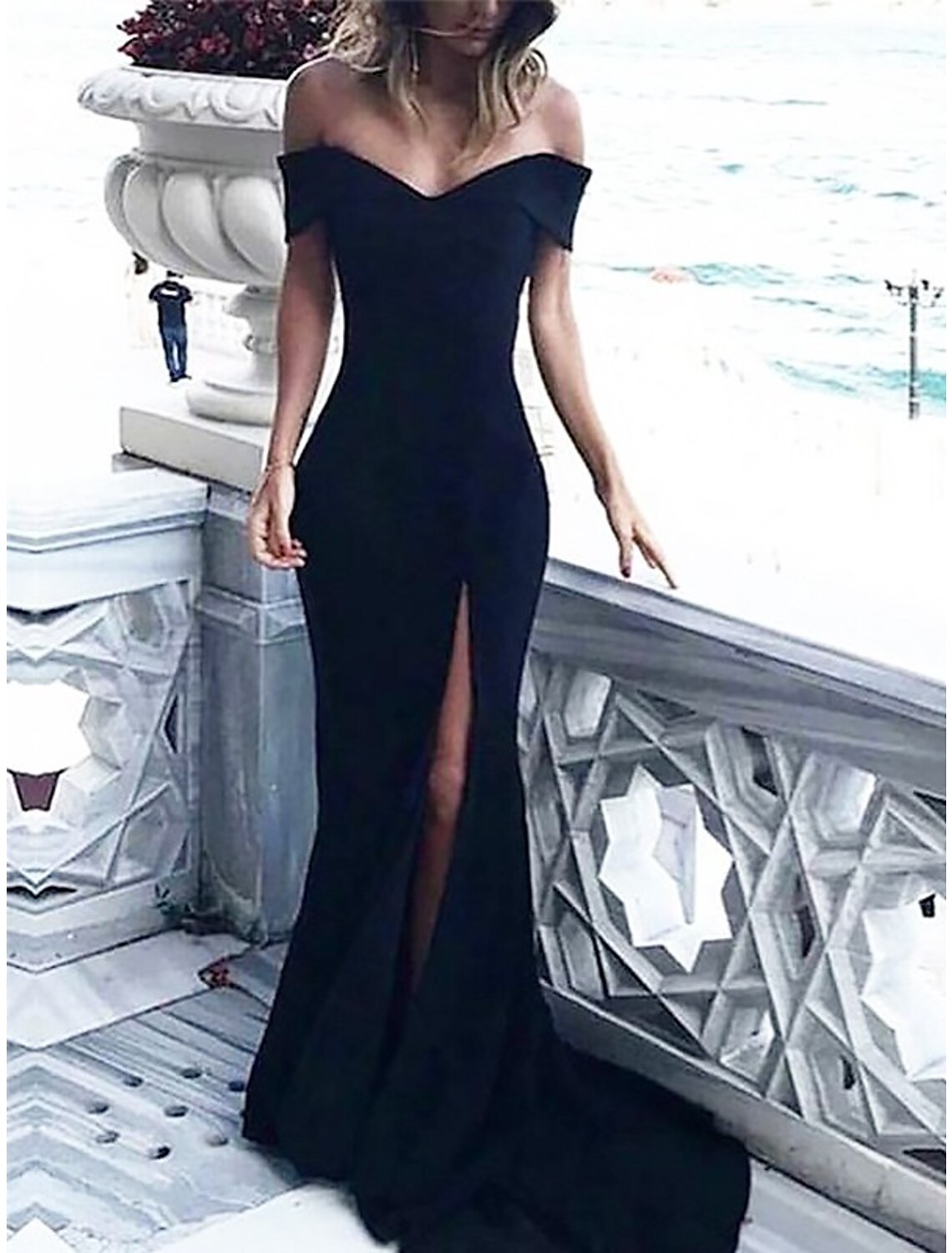 Wholesa  Sheath / Column Elegant Prom Formal Evening Dress Off Shoulder Sleeveless Court Train Spandex with Slit