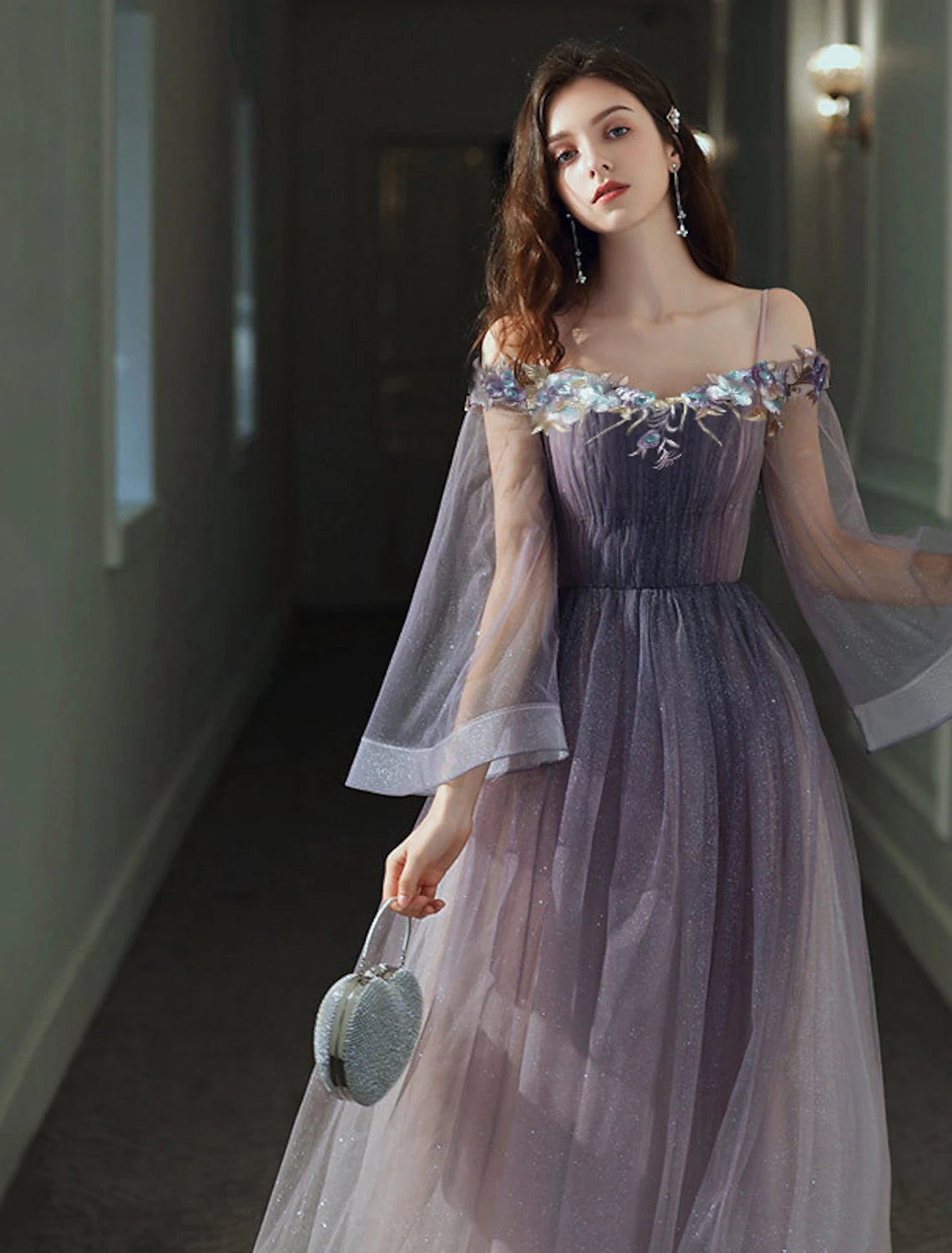 wholesa A-Line Minimalist Elegant Party Wear Prom Dress Off Shoulder Long Sleeve Floor Length Tulle with Appliques