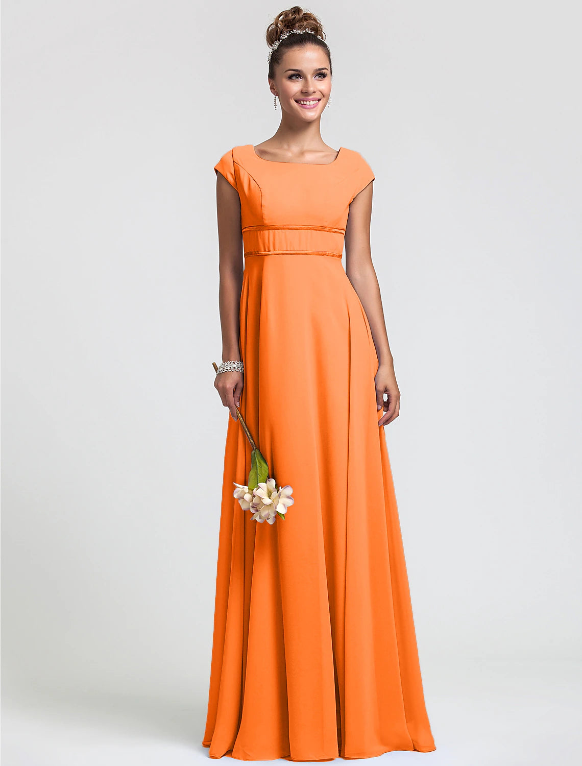 Wholesa  Sheath / Column Bridesmaid Dress Square Neck Short Sleeve Elegant Floor Length Chiffon with Sash / Ribbon / Pleats