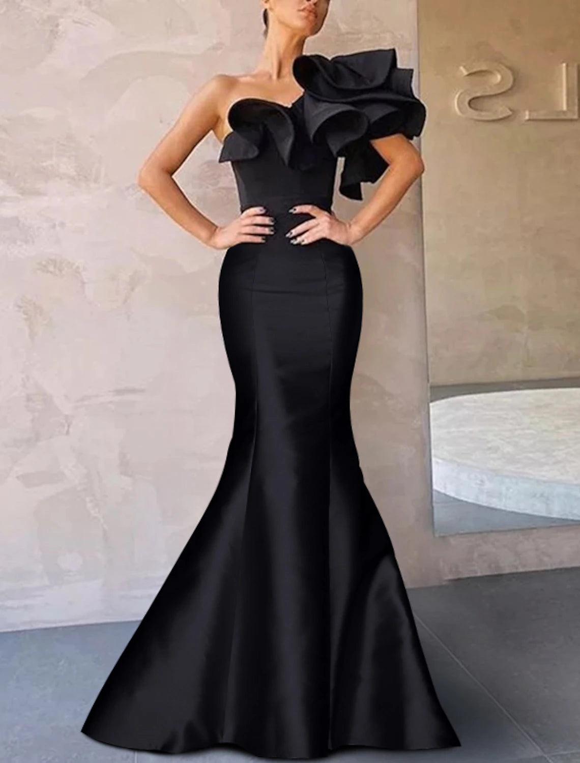 wholesale   Mermaid Black Dress Evening Gown Corsets Dress Formal Wedding Guest Floor Length Sleeveless One Shoulder Taffeta with Ruffles Shouder Flower