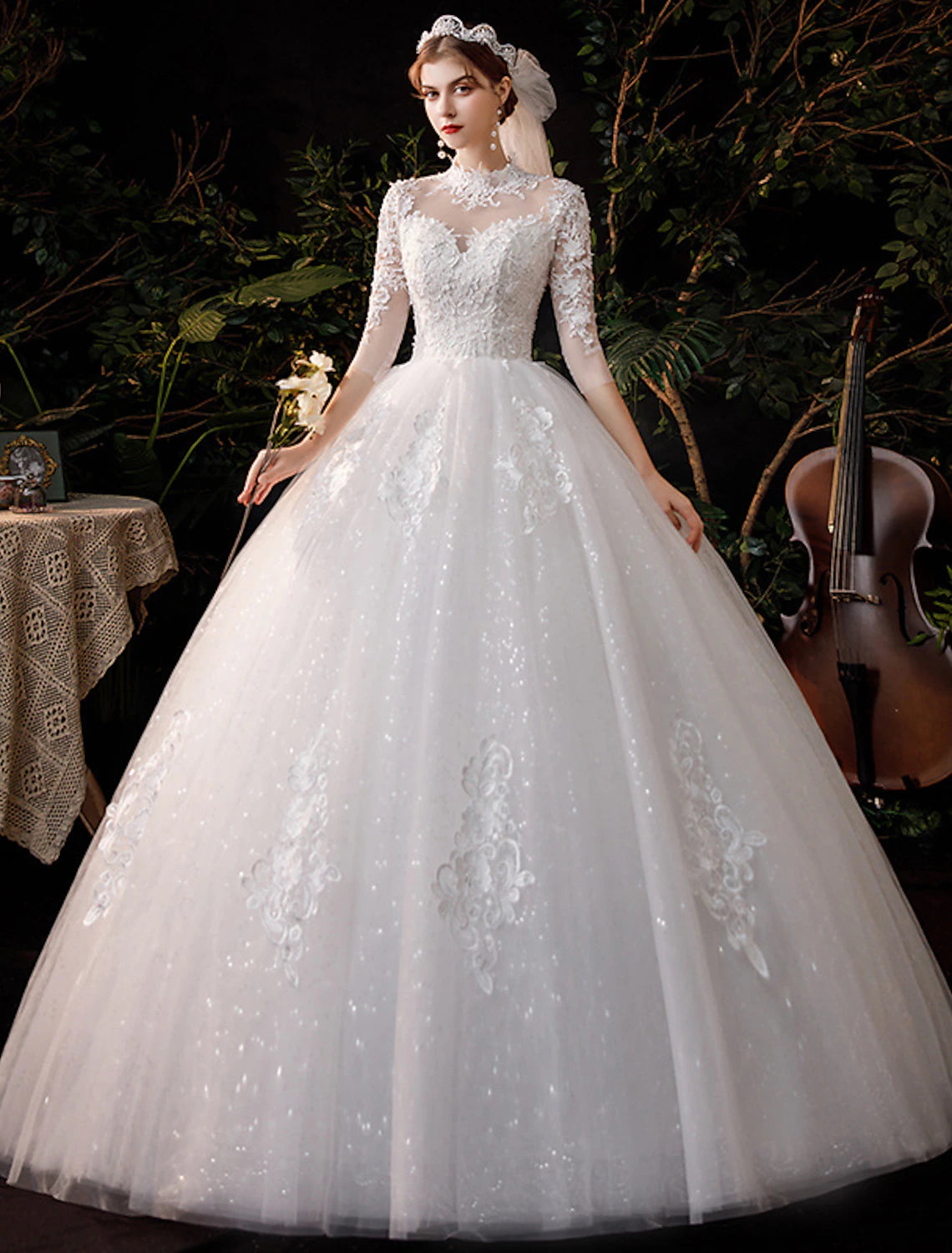 wholesale  Reception Wedding Dresses Ball Gown High Neck Half Sleeve Floor Length Lace Bridal Gowns With Appliques