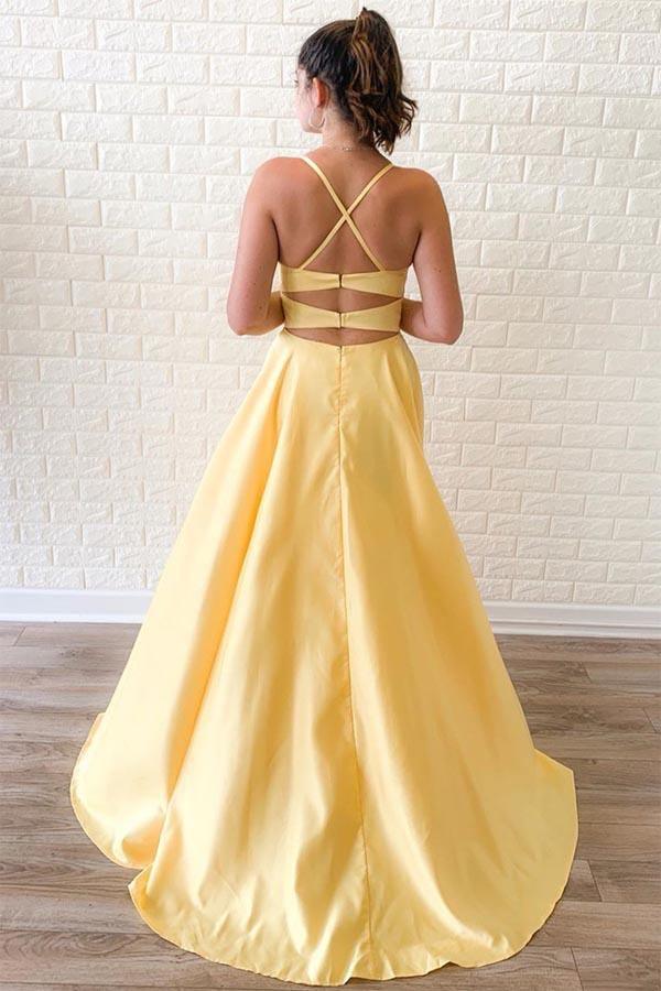 Wholesa A-Line Criss Cross Straps Satin Yellow Long Prom Dress with Slit