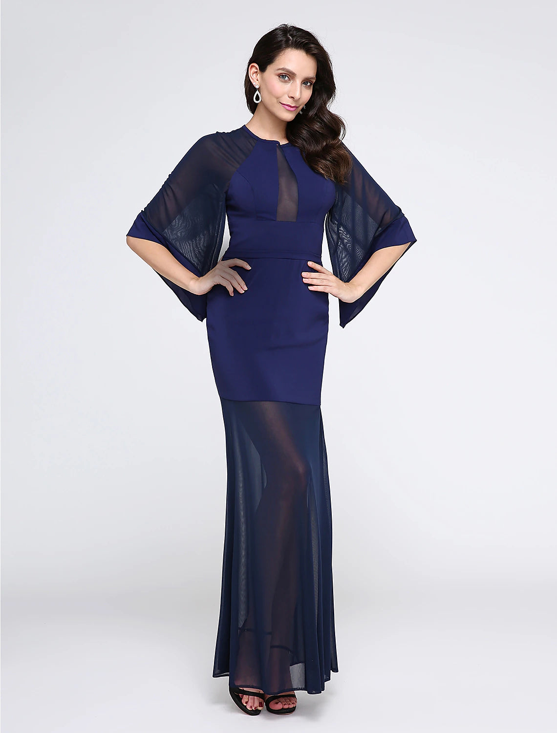 Wholesa Sheath / Column See Through Dress Prom Formal Evening Floor Length Half Sleeve Jewel Neck Chiffon with Pleats