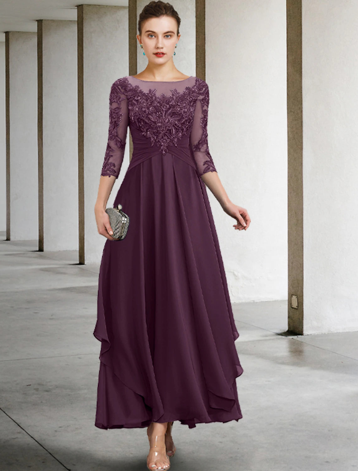 wholesale  A-Line Mother of the Bride Dress Appliques Fall Wedding Guest Plus Size Elegant Scoop Neck Ankle Length Chiffon Lace Sequin 3/4 Length Sleeve with Ruched