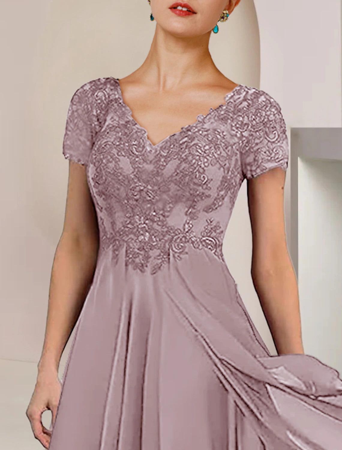 wholesale  Two Piece A-Line Mother of the Bride Dress Formal Wedding Guest Elegant V Neck Asymmetrical Tea Length Chiffon Lace Short Sleeve Wrap Included with Pleats Appliques