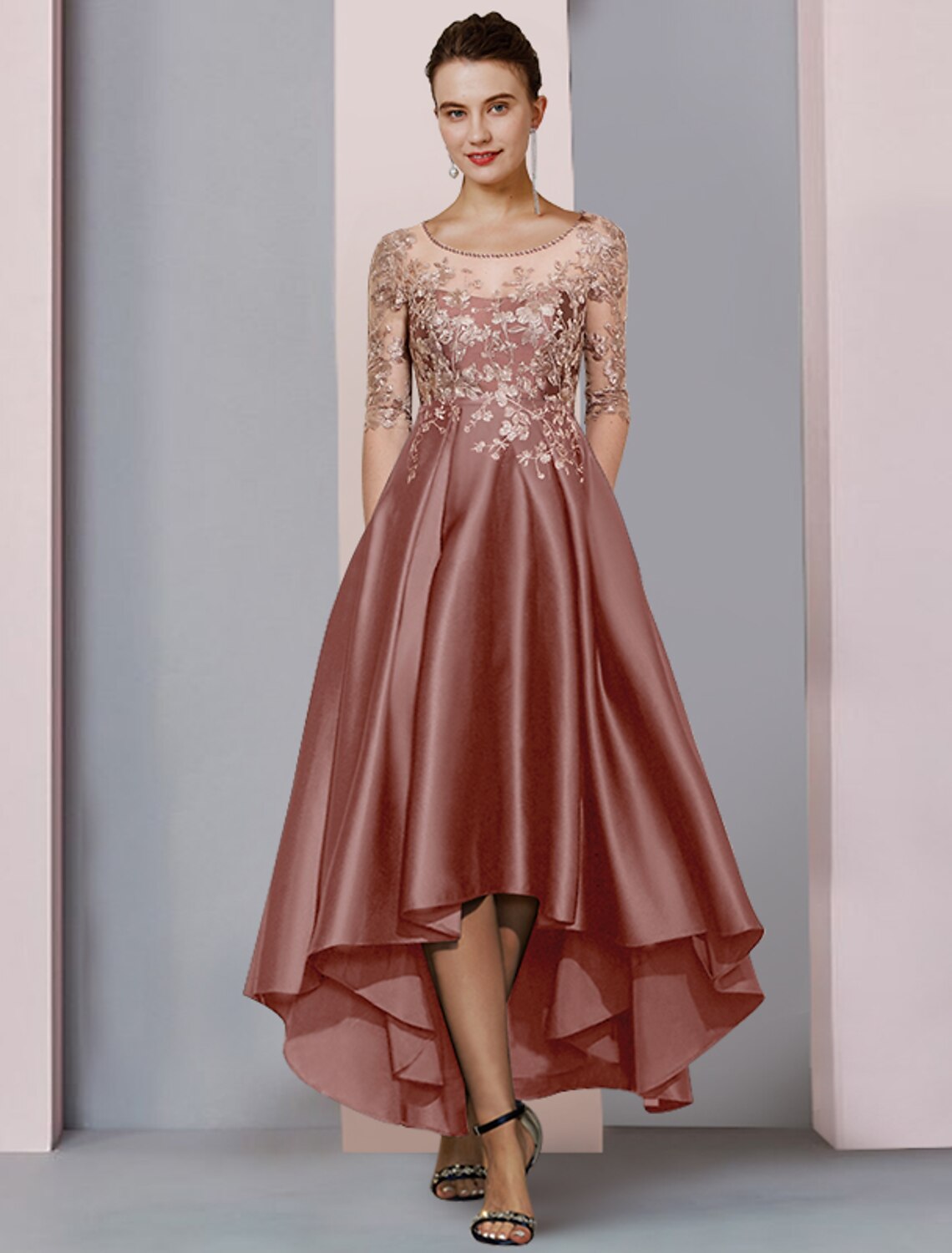 wholesale  A-Line Mother of the Bride Dress Formal Wedding Guest Party Elegant High Low Scoop Neck Asymmetrical Tea Length Satin Lace Half Sleeve with Pleats Beading Appliques