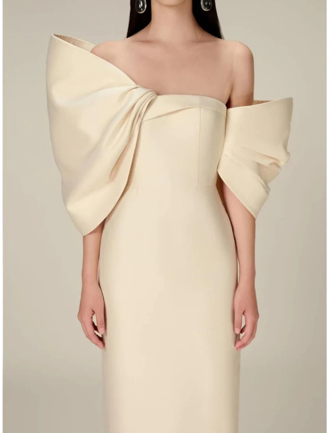Wholesa  Sheath / Column Evening Gown Elegant Dress Formal Tea Length Half Sleeve Off Shoulder Satin with Bow(s) Ruched