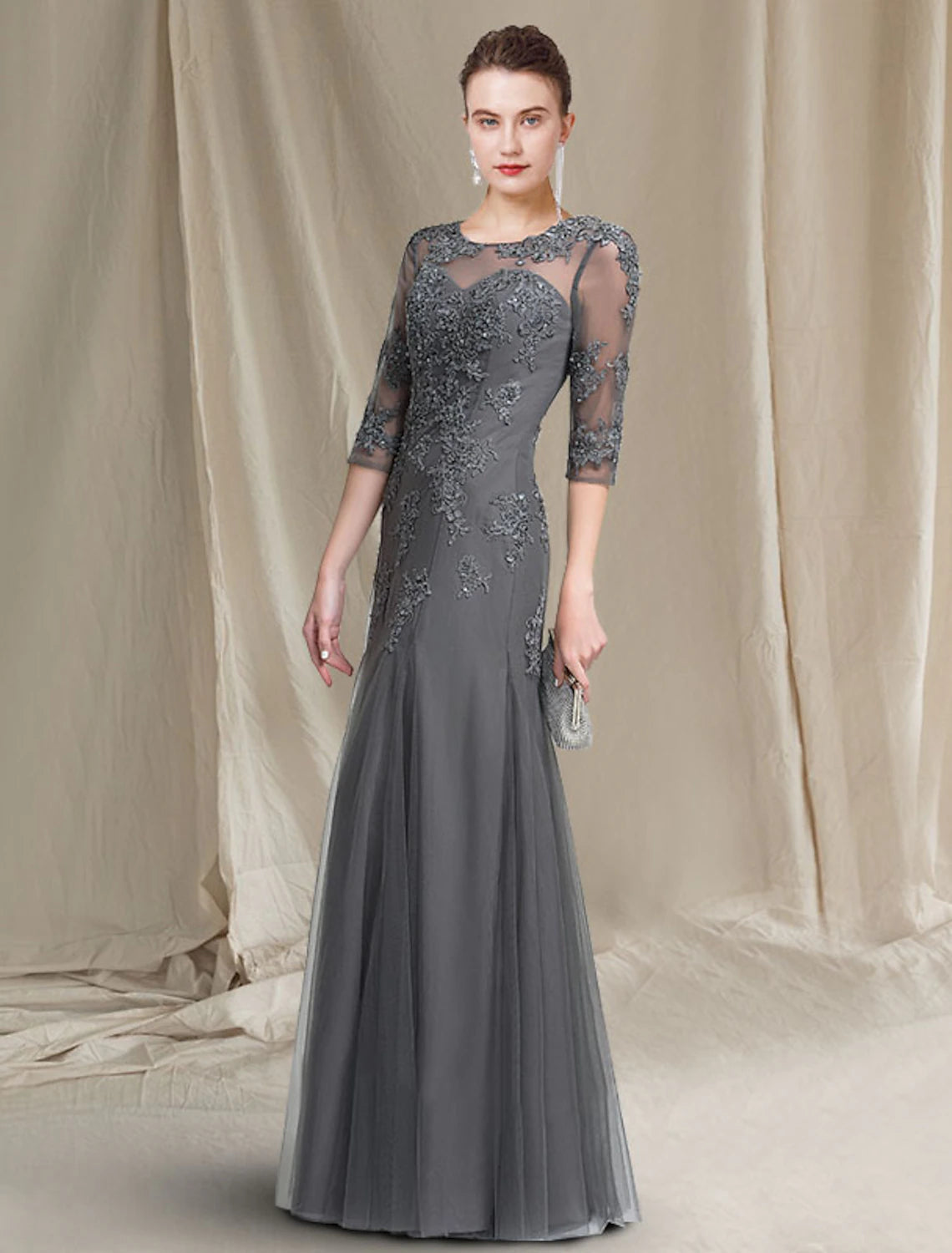 wholesale  A-Line Mother of the Bride Dress Luxurious Elegant Jewel Neck Floor Length Lace Tulle 3/4 Length Sleeve with Appliques