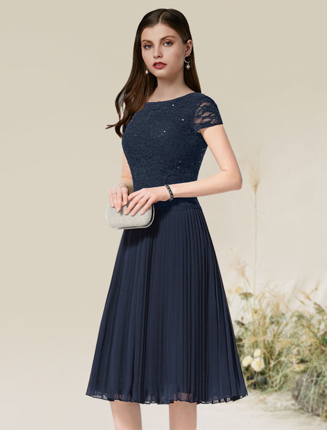 Wholesa  A-Line Cocktail Dresses Flirty Dress Homecoming Wedding Guest Tea Length Short Sleeve Jewel Neck Chiffon with Pleats