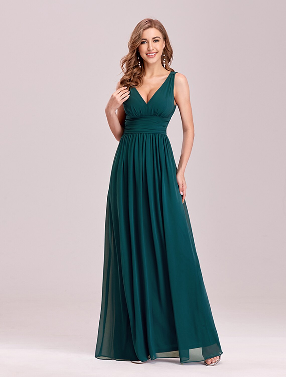 Wholesa A-Line Plus Size Wedding Guest Formal Evening Dress V Neck V Back Sleeveless Floor Length Chiffon with Pleats