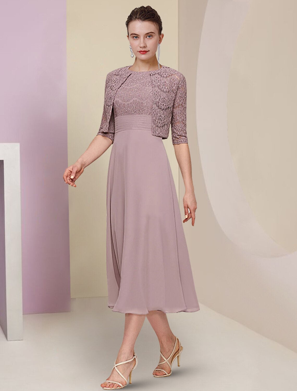 wholesale  Two Piece Mother of the Bride Dress Wedding Guest Church Elegant Jewel Neck Tea Length Chiffon Lace Half Sleeve with Solid Color