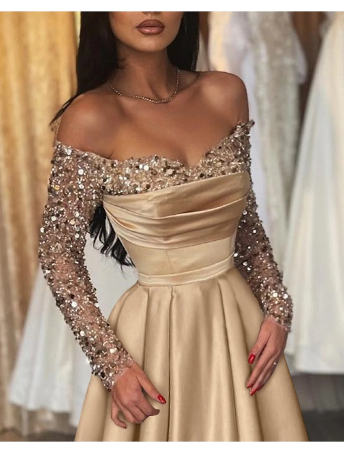 Wholesa Ball Gown Party Dress Evening Gown Party Dress Hot Dress Engagement Wedding Reception Sweep / Brush Train 3/4 Length Sleeve Off Shoulder Satin with Sequin