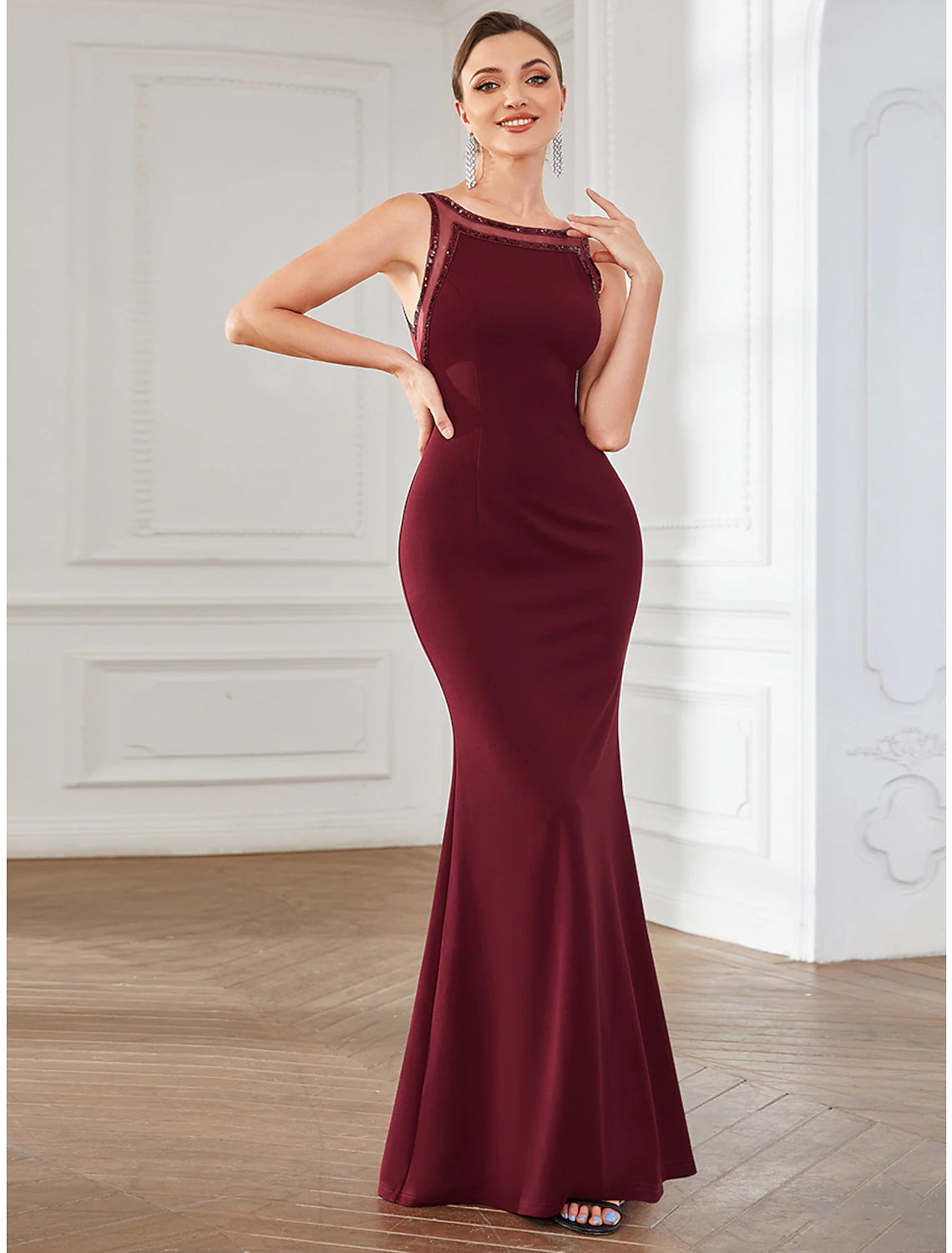 Wholesa Mermaid / Trumpet Party Dresses Open Back Dress Party Wear Wedding Guest Floor Length Sleeveless Jewel Neck Polyester with Crystals