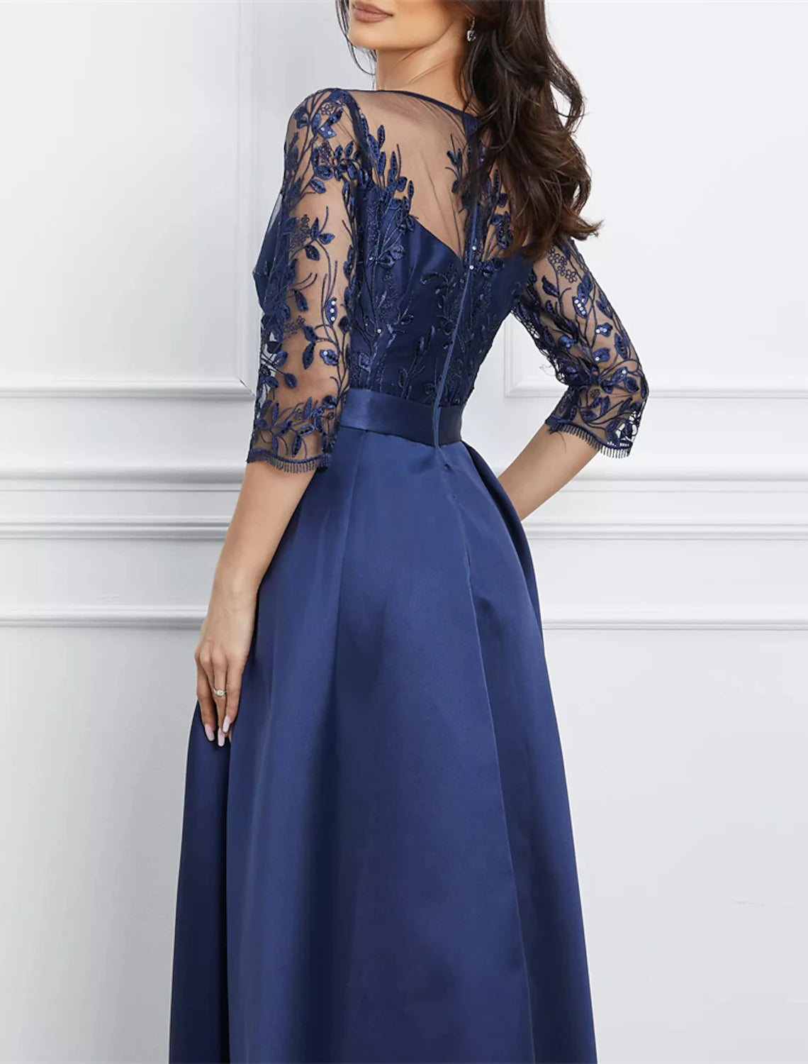 Wholesa A-Line Evening Gown Elegant Black Dress Plus Size Formal Wedding Asymmetrical High Low 3/4 Length Sleeve Jewel Neck Satin with Bow(s) Sequin Appliques