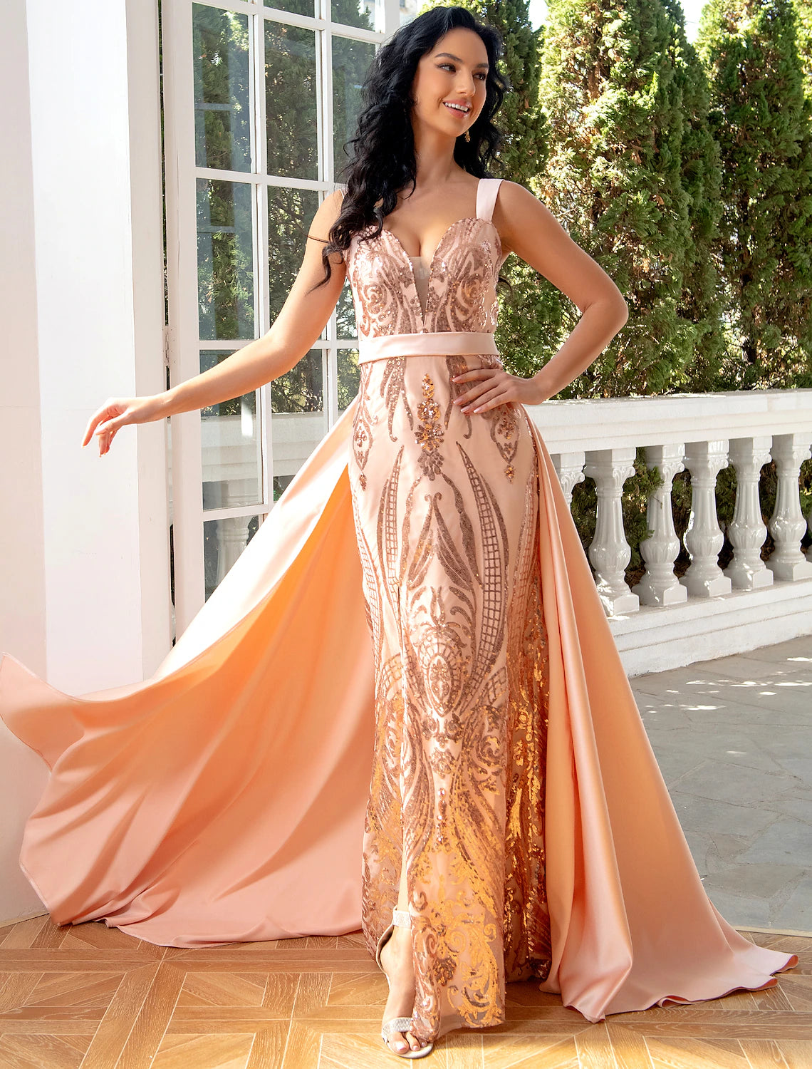 Wholesa Mermaid / Trumpet Evening Gown Luxurious Dress Wedding Party Floor Length Sleeveless V Neck Detachable Satin with Sequin Slit