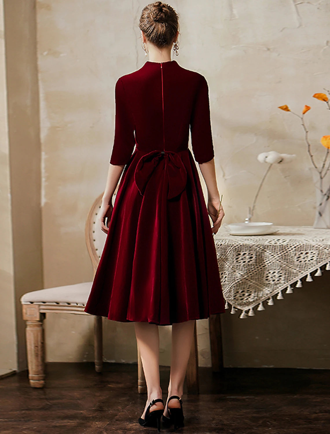 wholesale  A-Line Minimalist Vintage Party Wear Cocktail Party Dress V Neck Half Sleeve Tea Length Velvet with Sleek