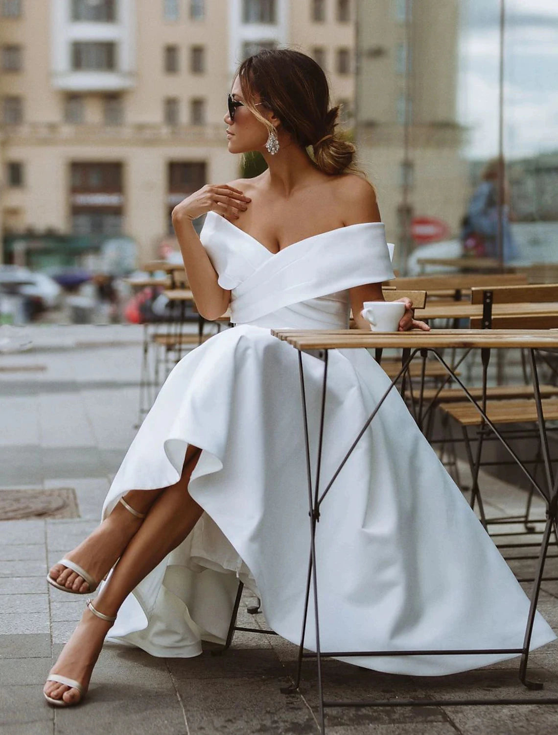 Wholesa Little White Dresses Formal Wedding Dresses A-Line Off Shoulder Short Sleeve Tea Length Satin Bridal Gowns With Solid Color