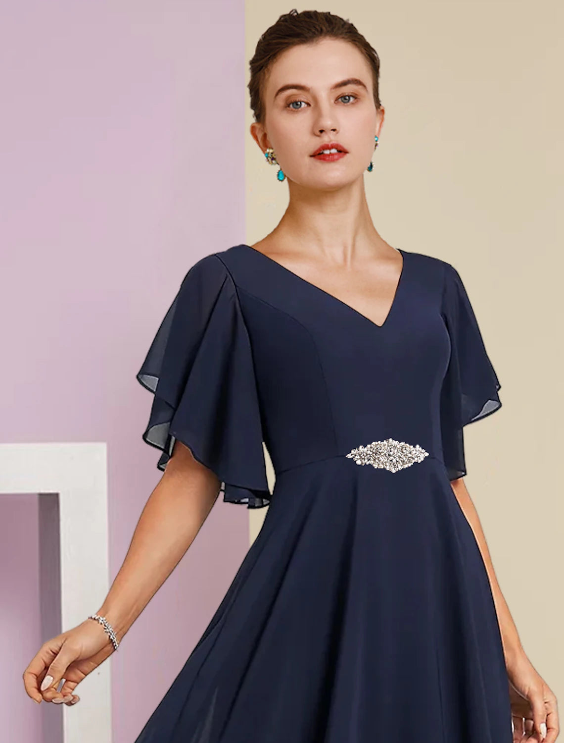 wholesale  A-Line Mother of the Bride Dress Formal Fall Wedding Guest Elegant V Neck Tea Length Chiffon Lace Short Sleeve with Appliques Crystal Brooch