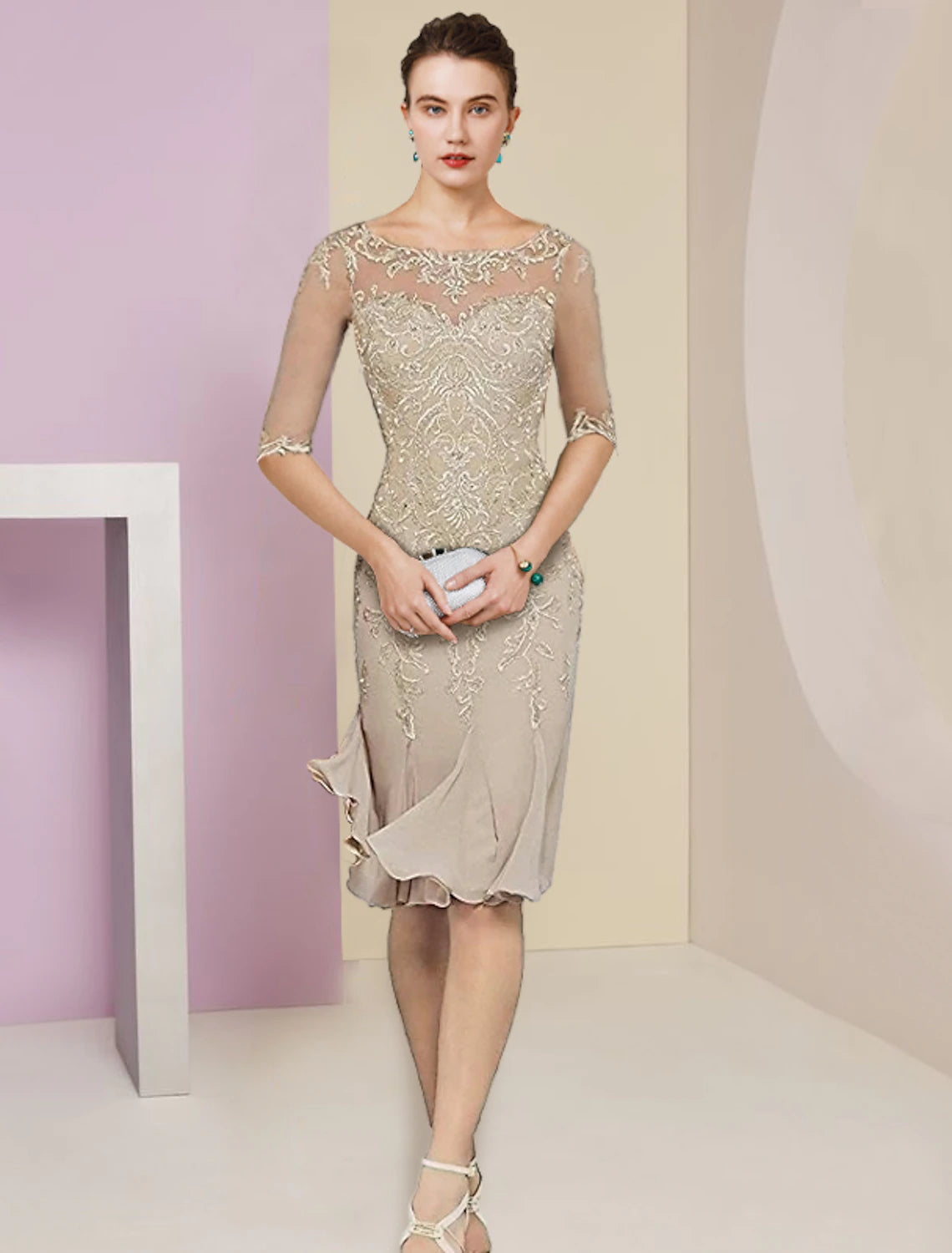 wholesale  Two Piece Mermaid / Trumpet Mother of the Bride Dress Formal Wedding Guest Vintage Elegant Scoop Neck Knee Length Chiffon Lace Half Sleeve Jacket Dresses with Pleats Appliques