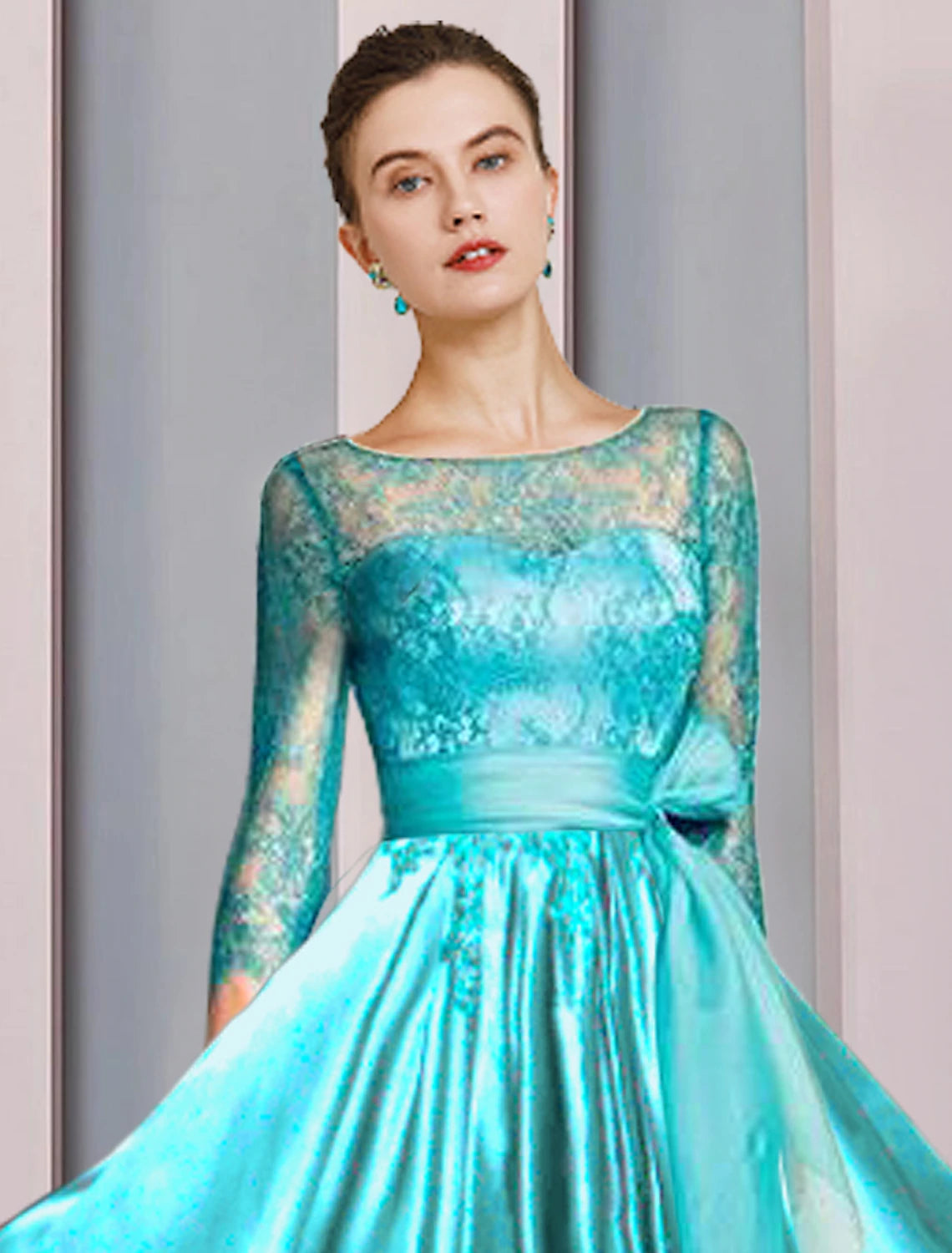 wholesale A-Line Mother of the Bride Dress Formal Wedding Guest Party Elegant Scoop Neck Ankle Length Satin Lace 3/4 Length Sleeve with Bow(s) Pleats