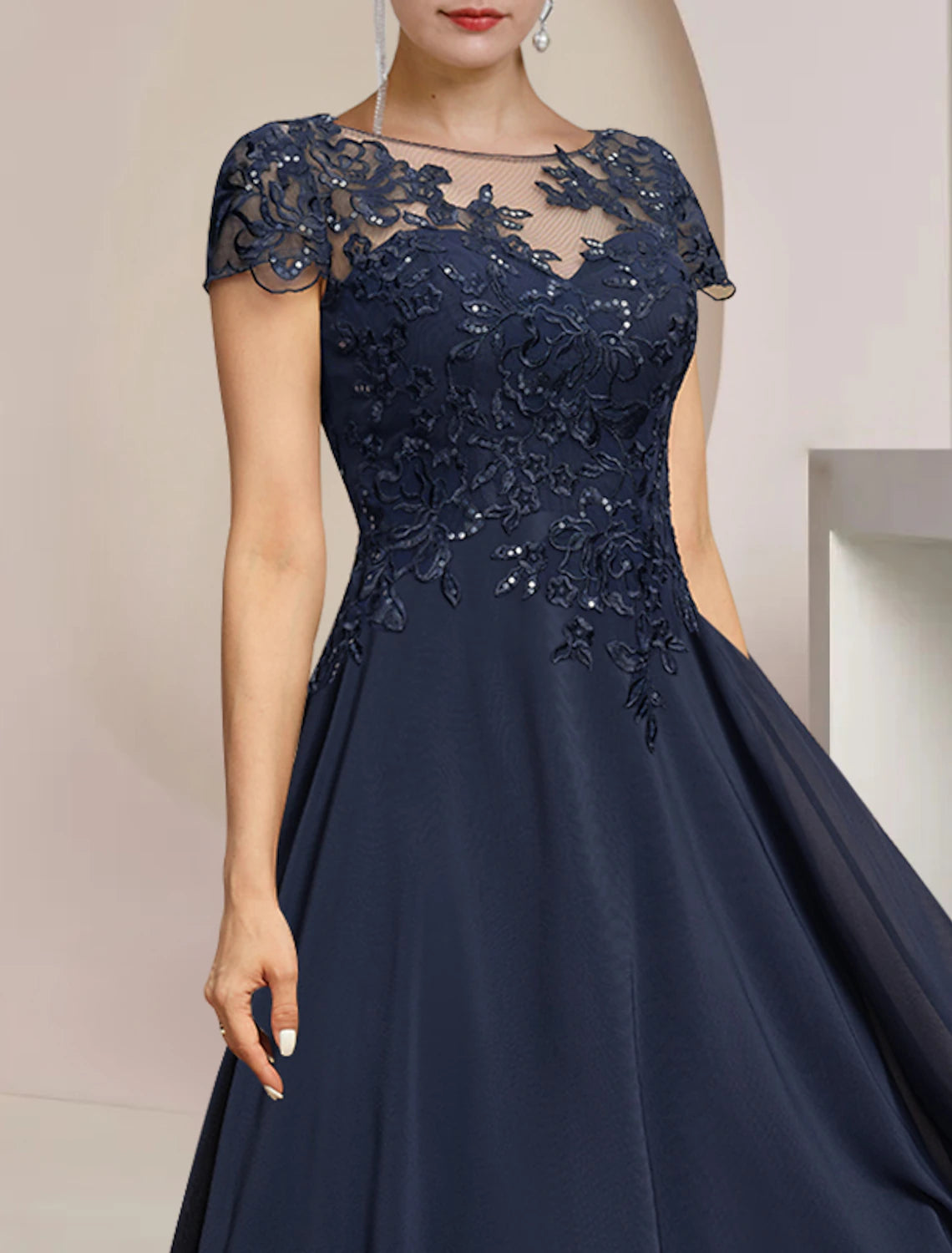 wholesale  A-Line Mother of the Bride Dress Formal Wedding Guest Elegant High Low Scoop Neck Asymmetrical Tea Length Chiffon Lace Short Sleeve with Sequin Appliques