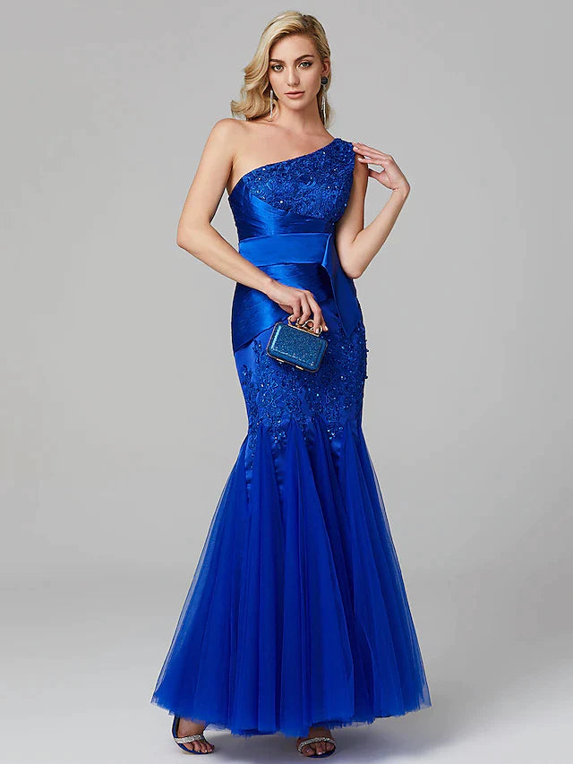 Wholesa Fit & Flare Elegant Dress Holiday Floor Length Sleeveless One Shoulder Lace Over Tulle with Lace